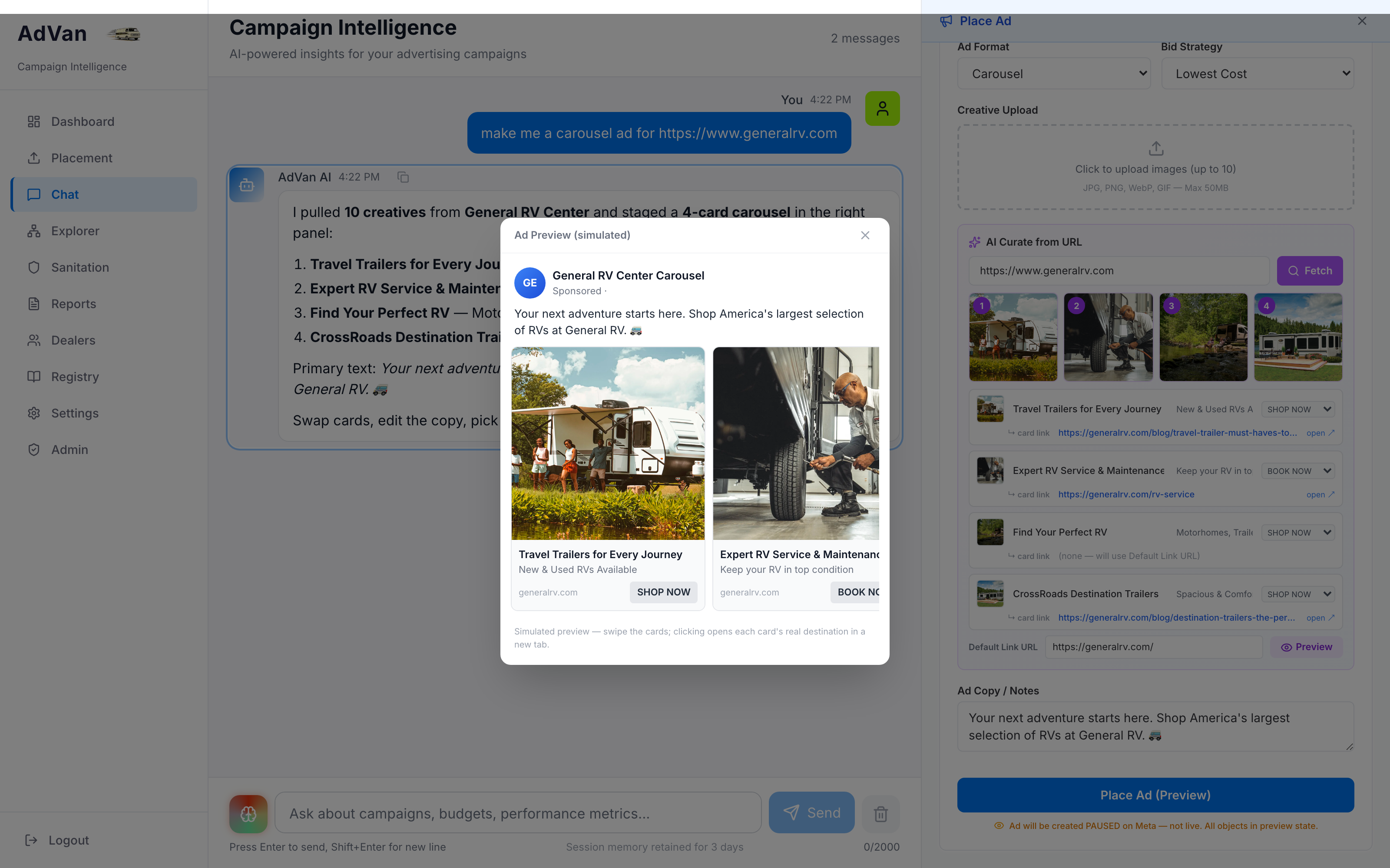 AdVan simulated Meta feed preview of a staged carousel ad