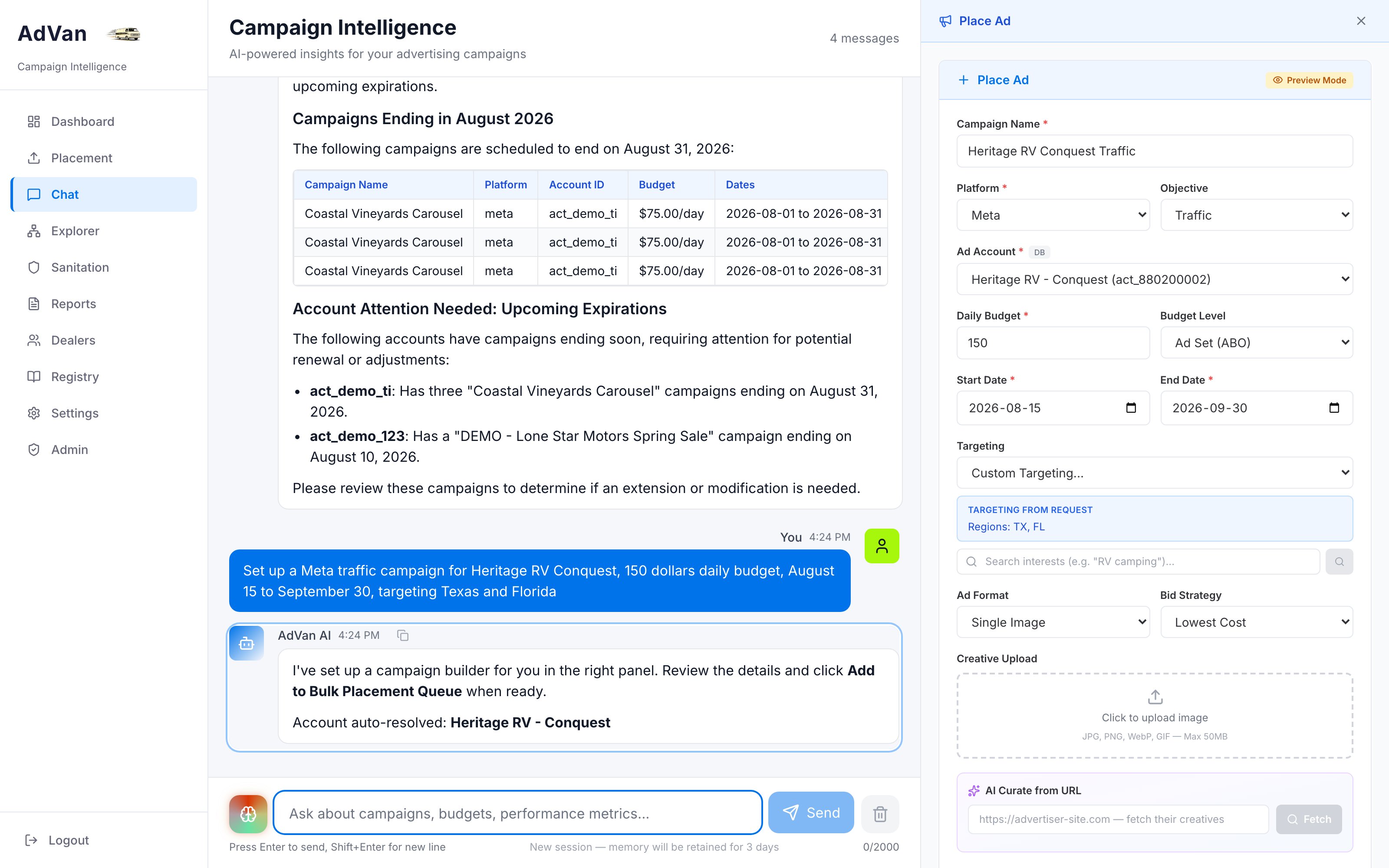 AdVan chat turning a plain-English request into a pre-filled Meta campaign with budget, dates, and geo targeting