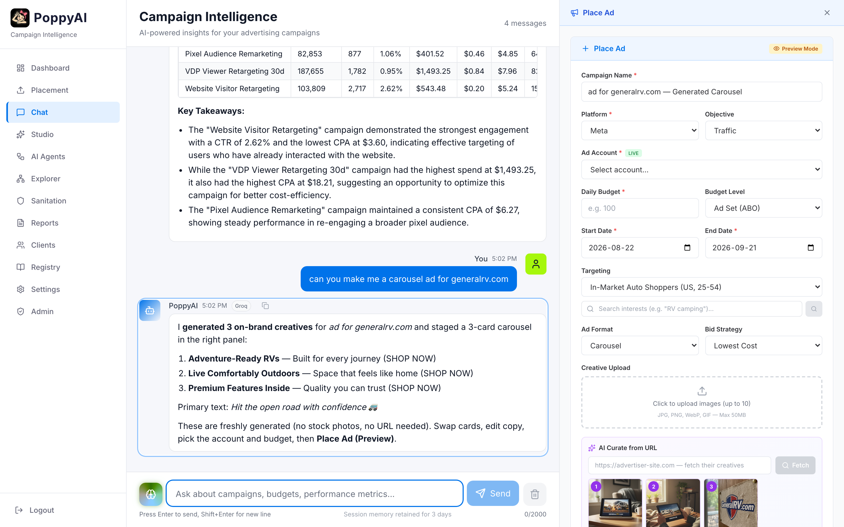 PoppyAI chat turning a plain-English request into a pre-filled Meta campaign with budget, dates, and geo targeting