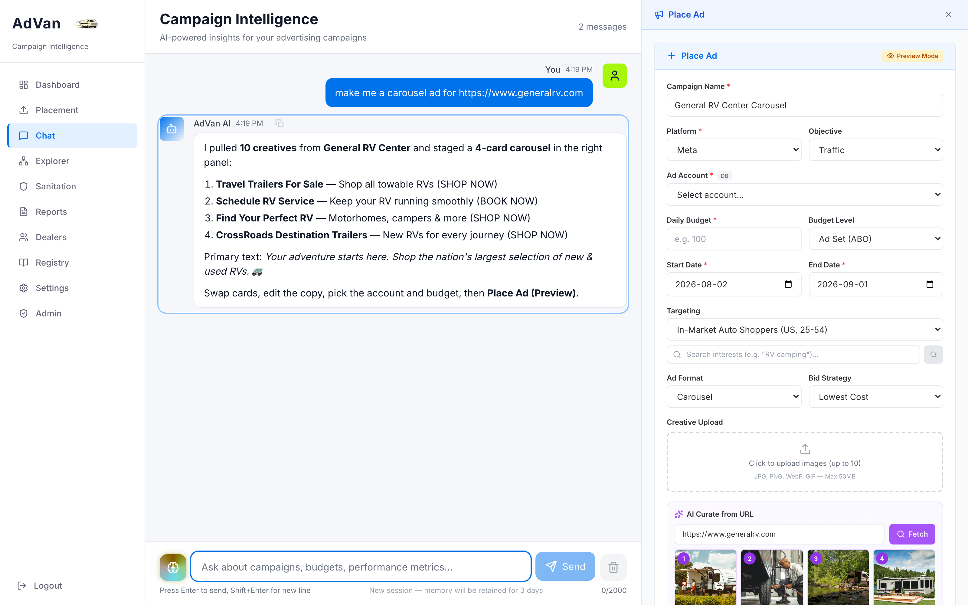 AdVan AI chat building a carousel ad from a website URL with a pre-filled Meta campaign builder panel